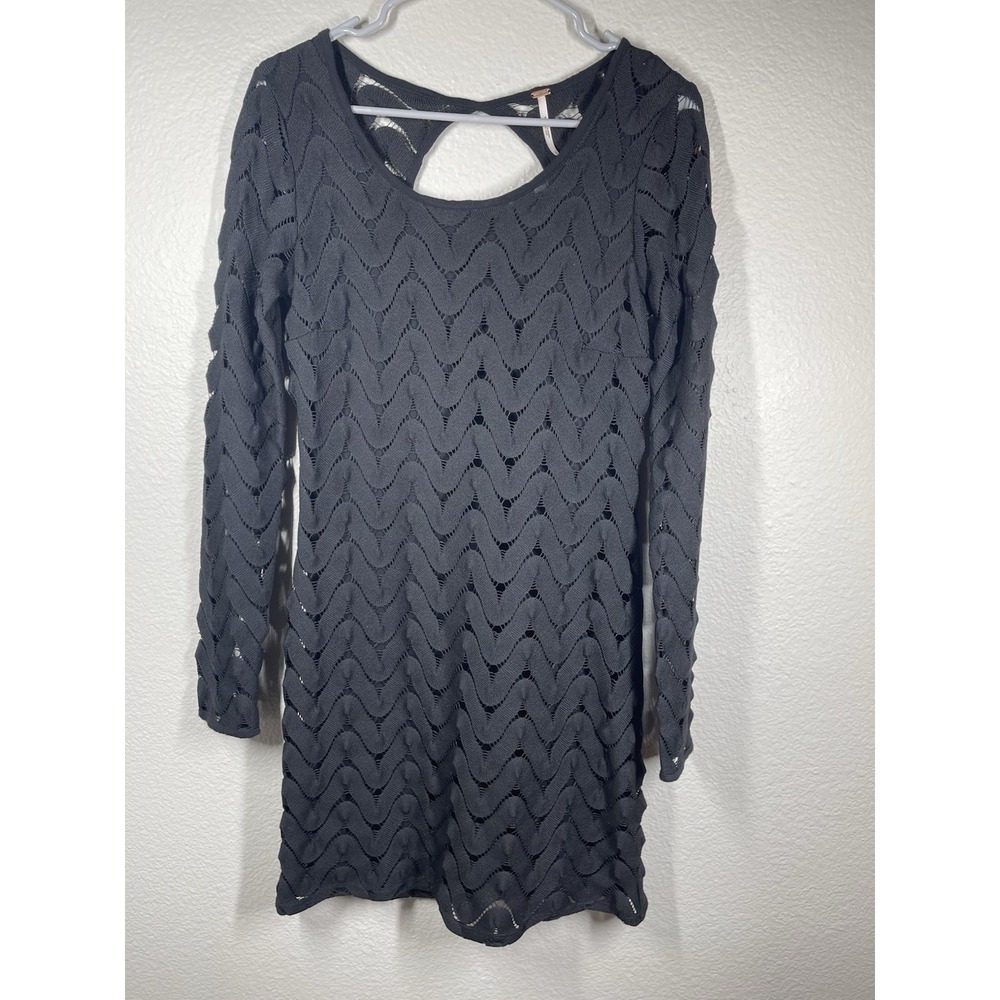 Free People  Black Crochet Mini Boho Summer Dress Size Small Petit Goth